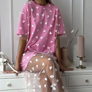 Heart Mesh Overlay High-Lo T-Shirt Dress